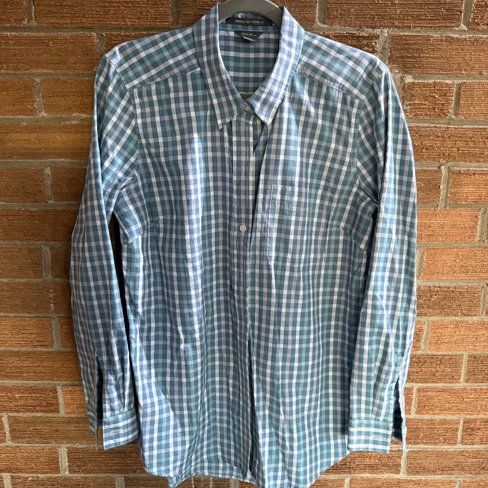 Eddie Bauer Woman's Dress Shirt - Woman's L - Teal and White